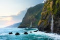 Beautiful view of Cascata do Veu da Noiva waterfall or Bridal Veil near Porto Moniz and Seixal. Madeira Island, Portugal