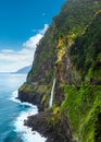 Beautiful view of Cascata do Veu da Noiva waterfall or Bridal Veil near Porto Moniz and Seixal. Madeira Island, Portugal