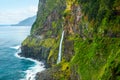 Beautiful view of Cascata do Veu da Noiva waterfall or Bridal Veil near Porto Moniz and Seixal. Madeira Island, Portugal