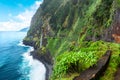 Beautiful view of Cascata do Veu da Noiva waterfall or Bridal Veil near Porto Moniz and Seixal. Madeira Island, Portugal