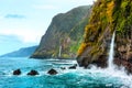 Beautiful view of Cascata do Veu da Noiva waterfall near Porto Moniz and Seixal. Madeira, Portugal