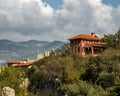 Beautiful view of a castle remain with houses in the background in Alanya, Turkey