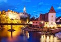 Beautiful view of castle and river Vltava in Cesky Krumlov after sunset, Czech republic at night Royalty Free Stock Photo