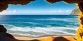 Beautiful view from the cave to the sea and sand dunes. Panoramic view of the sea and sandy beach. Summer vacation and travel Royalty Free Stock Photo