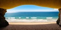 Beautiful view from the cave to the sea and sand dunes. Panoramic view of the sea and sandy beach. Summer vacation and travel Royalty Free Stock Photo