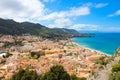 Beautiful view of Cefalu, Sicily, Italy taken from adjacent hills overlooking the bay. The amazing city on the Tyrrhenian coast Royalty Free Stock Photo