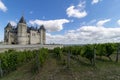 Beautiful view of Chateau de Saumur castle and grapevines under a blue sky with clouds in France. Royalty Free Stock Photo