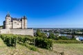 Beautiful view of the Chateau de Saumur castle and grapevines under a blue sky in France. Royalty Free Stock Photo