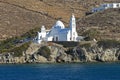 Beautiful view of the church of Agia Irini at the entrance to the port of Ios, Greece Royalty Free Stock Photo