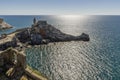 Beautiful view of the Church of San Pietro overlooking the sea of Portovenere, Liguria, Italy Royalty Free Stock Photo