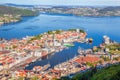 View of city center Bergen with harbor from Floyen in Norway, UNESCO World Heritage Site Royalty Free Stock Photo