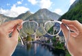 Beautiful view of city among mountains near river on Royalty Free Stock Photo