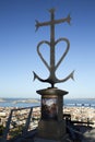 A beautiful view of the city panorama through the symbol of Notre Dame de la Garde in Marseille. Bright blue sky on a sunny day. Royalty Free Stock Photo