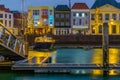 Beautiful view on the city of vlissingen at night from the docks, a lighted boat and buildings, popular city of zeeland, the Royalty Free Stock Photo