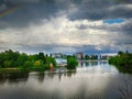 Beautiful view of cityscape in rainy cloudy weather with rainbow. Church of Blessed Xenia of St. Petersburg, Vinnysia, Ukraine Royalty Free Stock Photo