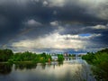 Beautiful view of cityscape in rainy cloudy weather with rainbow. Church of Blessed Xenia of St. Petersburg, Vinnysia, Ukraine