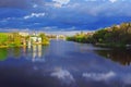 Beautiful view of cityscape in the summer. Church of Blessed Xenia of St. Petersburg on the riverbank of the river Southern Bug Royalty Free Stock Photo