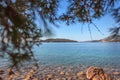 Beautiful view of the clear blue sea with a rocky bottom and the island. View of the Adriatic Sea through pine branches Royalty Free Stock Photo