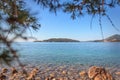 Beautiful view of the clear blue sea with a rocky bottom and the island. View of the Adriatic Sea through pine branches Royalty Free Stock Photo