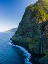 Beautiful view of cliffs and Corrego da Furna waterfall. Madeira, Portugal Royalty Free Stock Photo