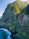 Beautiful view of cliffs and Corrego da Furna waterfall. Madeira, Portugal