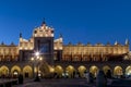 Beautiful view of Cloth Hall Sukiennice in the blue hour, Krakow`s historical center, Poland, and main market square Royalty Free Stock Photo