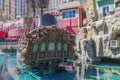 Beautiful view of colorful decorated pond with pirate ship near hotel Treasure Island. Strip, Las Vegas. Royalty Free Stock Photo