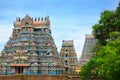 Beautiful view of colorful gopuras in the Hindu Jambukeswarar Temple in Trichy