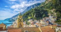 Beautiful view of the colorful houses and Mediterranean Sea in Amalfi village, Italy Royalty Free Stock Photo