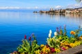 Beautiful view with colourful spring flowers on the Alps Mountains and Lake Geneva in Montreux, Switzerland Royalty Free Stock Photo