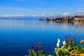 Beautiful view with colourful spring flowers on the Alps Mountains and Lake Geneva in Montreux, Switzerland Royalty Free Stock Photo