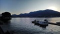 Beautiful view on como lake, Italy, sunset, boat, mountains