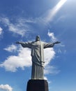 Beautiful view of Cristo Redentor statue at Corcovado Mountain in Rio de Janeiro, Brazil. Seen from the bottom up on a beautiful Royalty Free Stock Photo