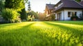 Beautiful view on cute backyard in sunny day, fresh green grass lawn in sunlight, landscaping in the garden, beauty of