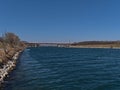 Beautiful view of Danube river in spring season viewed from the shore of Donauinsel in the center of Vienna, Austria.