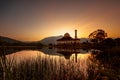 Beautiful view of Darul Quran mosque with reflections during sunset at Kuala Kubu, Selangor,