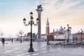 Beautiful view of the Doge`s Palace and St. Mark`s column on Piazza San Marco in Venice