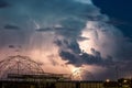 Beautiful view of dramatic dark stormy sky and lightning over the beach. Dark stormy night, dramatic sky scape with bright zipper Royalty Free Stock Photo