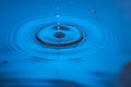 Beautiful view of drops making circles on blue water surface isolated on blue background Royalty Free Stock Photo