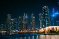 Beautiful view Dubai downtown high rise skyscrapers buildings and artificial lake, United Arab Emirates