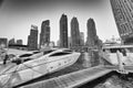 Beautiful view of Dubai Marina skyline and boats at night Royalty Free Stock Photo