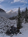 Beautiful view of Edith Cavell Meadows Trail in Jasper National Park, Canada after first snow in autumn. Royalty Free Stock Photo