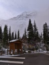 Beautiful view of Edith Cavell Meadows trailhead in Jasper National Park, Rocky Mountains with snow-capped mountain in the fog.