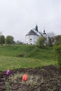 Beautiful view of the Eliaschurch-tomb of Bogdan Khmelnytsky on a green hill in Subotov, Ukraine