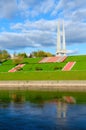 Beautiful view of embankment of Zapadnaya Dvina river and memorial complex Three bayonets, Vitebsk, Belarus Royalty Free Stock Photo