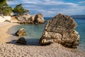 Beautiful view of empty Brela rocky beach. Makarska Riviera in Dalmatia region of Croatia. Royalty Free Stock Photo