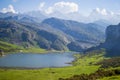 Beautiful view of Ercina Lake in Covadonga Lakes, Asturias, Spain. Green grassland with mountains at the background Royalty Free Stock Photo