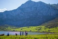 Beautiful view of Ercina Lake in Covadonga Lakes, Asturias, Spain. Green grassland with people enjoying and mountains at the Royalty Free Stock Photo