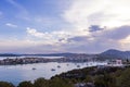 Beautiful view of Ermioni sea lagoon with moored yachts and boats at sunset time Royalty Free Stock Photo