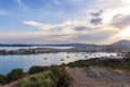 Beautiful view of Ermioni sea lagoon with moored yachts and boats at sunset time Royalty Free Stock Photo